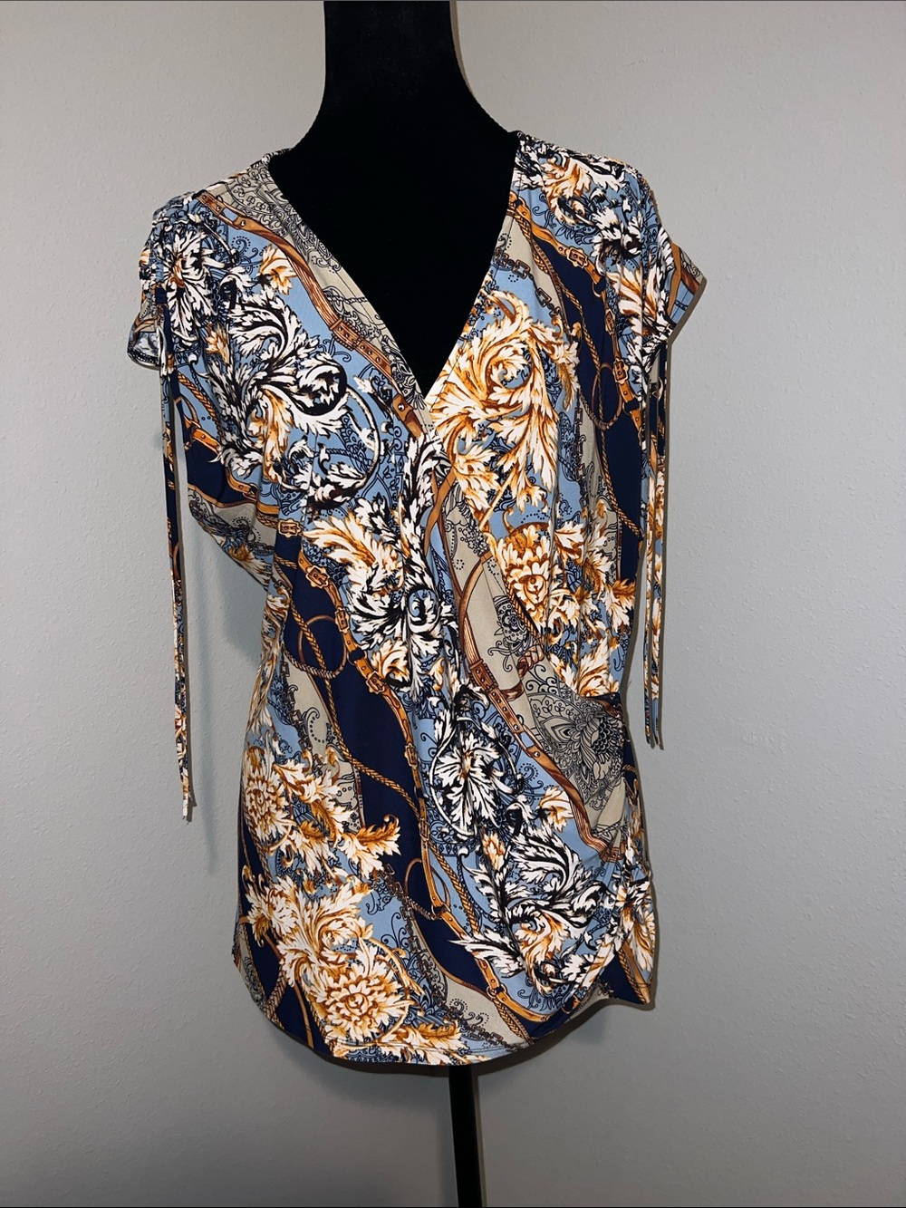 Cache Navy, Light Blue & Gold Baroque V-Neck Tie-Sleeve Blouse